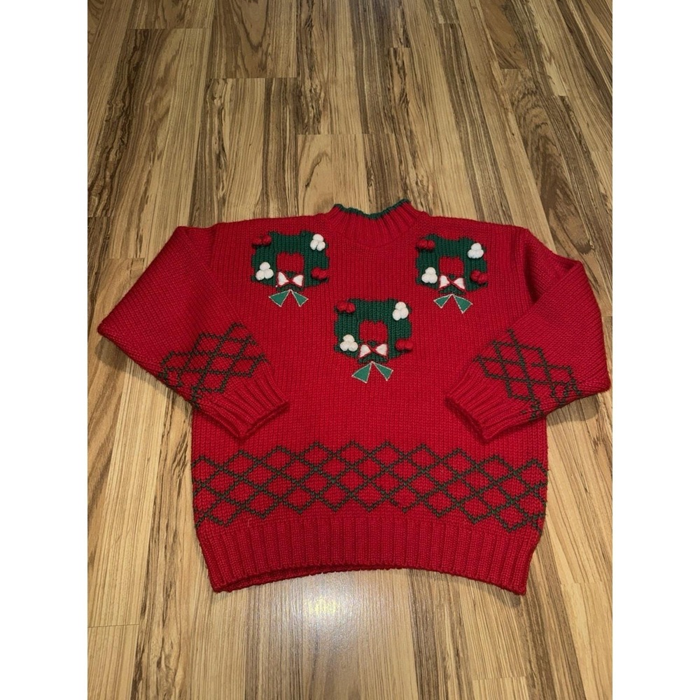 VTG Karen Scott Petites Christmas Sweater Women's Sz L Large Wreath Holly Berry